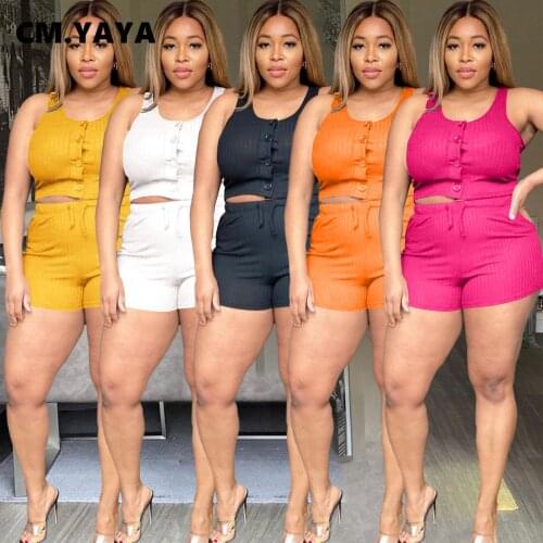 CM.YAYA Knit Women Active 2 Two Piece Set Outfit Tank Shorts and Shorts Vintage Sweatsuit Fashion Matching Set Sport Tracksuit