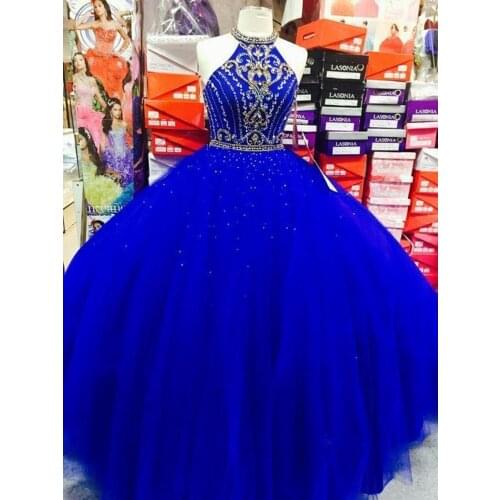 Royal Blue Ball Gown Quinceanera Dresses Halter Crystal Rhinestones Tulle Party Sweet 16 Dress Vastidos De Dress