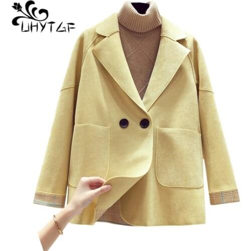 UHYTGF Quality suede spring autumn trench coat women fashion suit collar casual plus size top elegant wild Windbreaker women 977