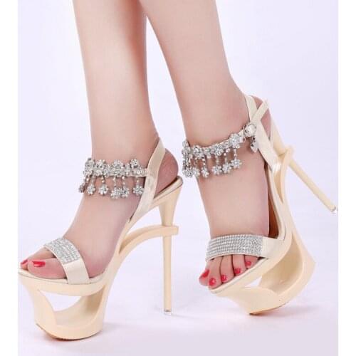 High Quality Womens Rhinestone Sandals 2020 New High-heeled 15.5cm Soft Comfortable Crystal Lady High Heels Shoes Size 34-40
