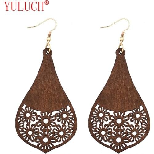YULUCH New design retro African wooden irregular geometric openwork screen flower pendant for fashion woman jewelry earrings