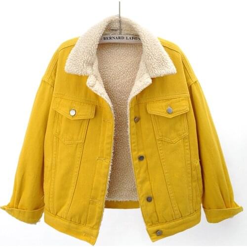 2021 Winter Women Lamb Plus Fleece Thick Denim Jacket Single-Breasted Female Warm Loose Candy Color Jeans Coat Female tide G720