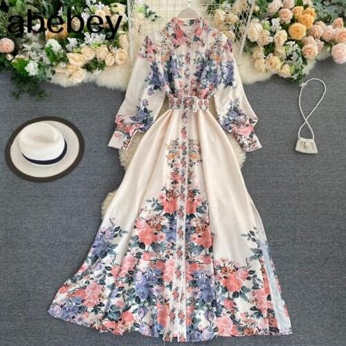 2021 New Autumn Floral Print Dresses Women Turn Down Collar with Belt Single Breasted High Waist A Line Slim Dress