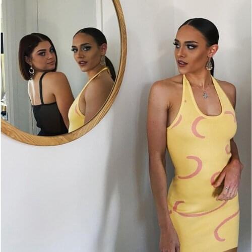 2021 Knitted Dresses for Women Bodycon Y2K Halter Summer Yellow Sleeveless Sexy Dress Off Shoulder Mini Backless Dresses Beach