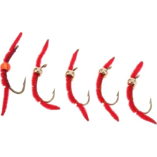 5Pcs in 1 San Juan Red Squirmy Worm Tied Bead Trout Fly Fishing Flies Tackle