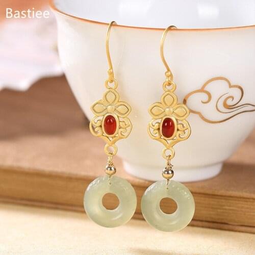 Bastiee Bastiee 925 Sterling Silver Magnolia Flower Red Agate Golden Plated Korean Earrings Dangle Earrings Vintage