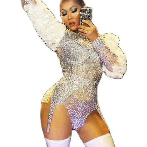 Shining Silver Beaded Diamonds Pearls Women Bodysuits Inlaid White Floral Sleeve Fashion Ple Dancing Jumpsuits Stage Wear