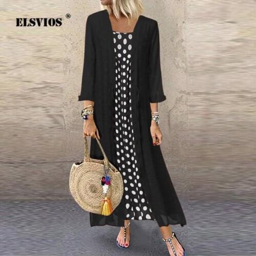 ELSVIOS 2 Piece Set Women Polka Dot Print Autumn Dress Ladies O Neck Long Sleeve Party Dress Casual Plus Size Maxi Dress Vestido