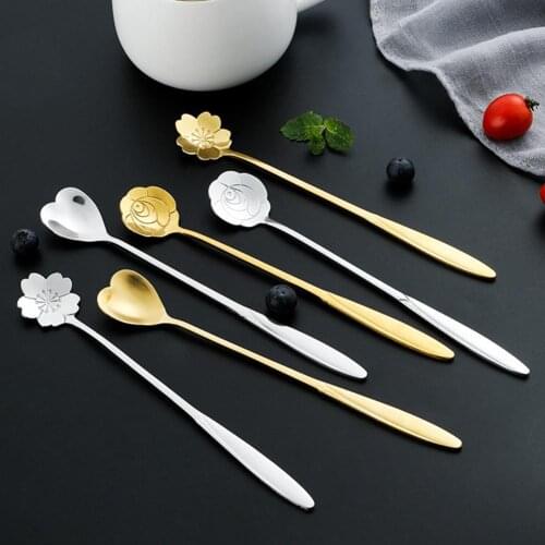 Hot Kitchen Spoons Stainless Steel Teaspoons Long Handle Flower Heart Ice Cream Dessert Coffee Tea Spoons Mixing Spoon