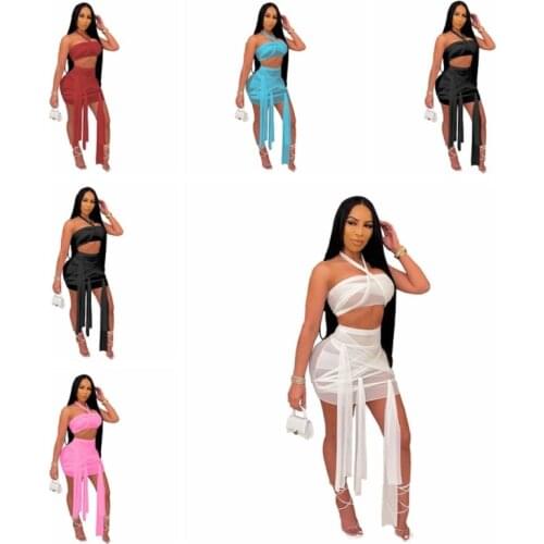 2021 Summer see through mesh beach cover-ups Set sexy women halter crop top+ fringe tassel Mini skirt Bikini swimwear cover up