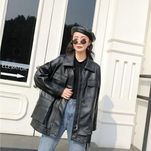 Mid-length Black Faux PU Leather Jacket Female Motorcycle Biker Jackets Spring Vintage Loose Big pocket Casual Long sleeve Coat