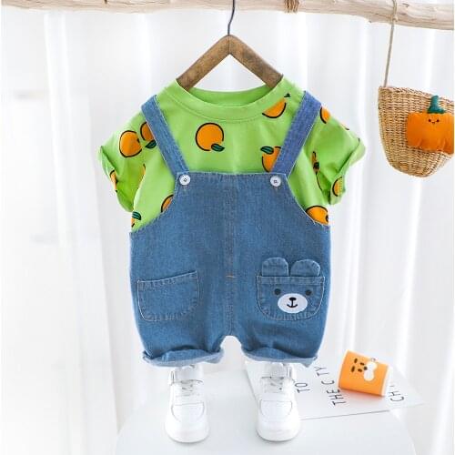 Baby Boys Girls Summer Clothes Print Set T-shirt Denim Short Overall Children Clothing Short Sleeve Suit Toddler Outfit Orange