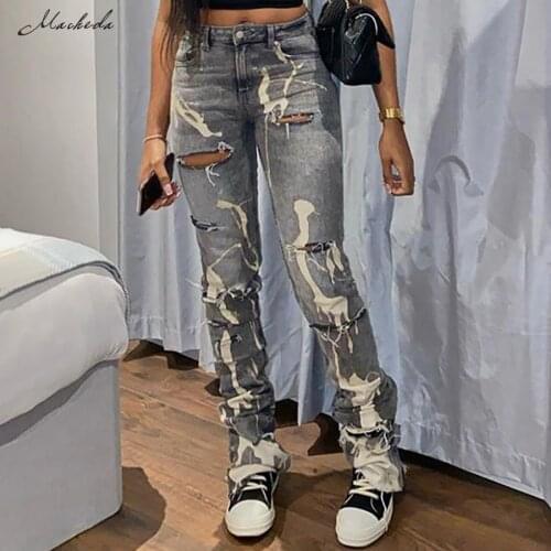 Macheda Summer Fashion Ripped Slim Jeans Women High Waist Printing Street Casual Cowboy Straight Trousers Clothing 2021 New