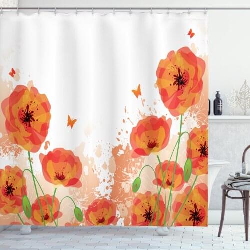 Poppy Shower Curtain Set Vermilion Colored Flowers Butterflies Curtain for Bathroom Decor 12 Hooks Decorative Bath Accessory