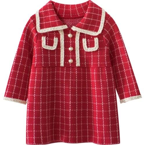 Lovely Baby Girls Casual Childs Sweater Dress Lapel Collar Long Sleeve Plaid One Piece Dresses for Autumn Winter