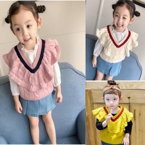 1 2 3 4 5 Years Toddler Baby Vests Fashion Korean Ruffle Knit Vest for Girl Kids Clothing Children Waistcoat Autumn High Quality