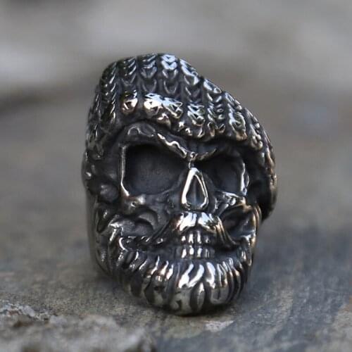 Vintage Gothic Bearded Skull Ring Men 316L Stainless Steel Punk Skull Ring Cool Hip Hop Biker Jewelry Best Gift for Him
