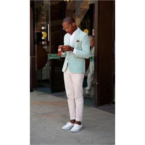 2020 Fashion Arrival Mint Green Meny Suits Blazer With Ivory Pants Casual Men Suits For Summer Skinny Young Men Daily Work Wear