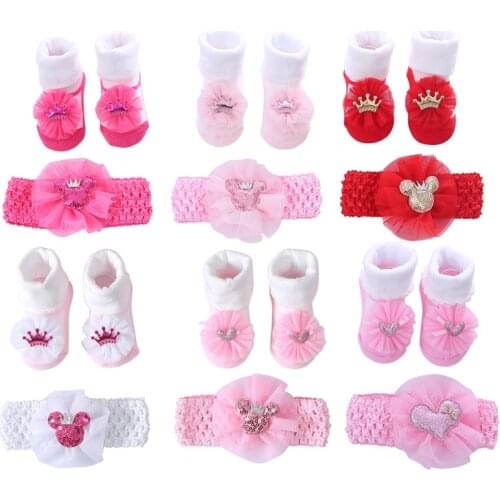 2PCS/Set Baby Socks For Girl Bebe Toddler Newborn Sock + Bow Headband Infant Anti Slip Cotton Socks Glue Birthday Sock 0-1Years
