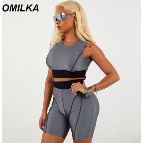OMILKA Crop Top and Knee Length Pants Set 2 Piece Set Women 2019 Summer Women Neon Color Patchwork Club Party Sporty Tracksuits