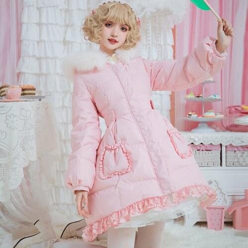 Autumn winter sweet lolita coat thicken warm fur collar witch hat slim princess daily down jacket kawaii girl loli overcoat cos
