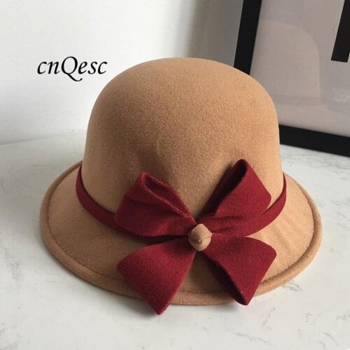 Simple Khaki wine Wool felt hat Winter hat formal hat with bow for Wedding Church Derby