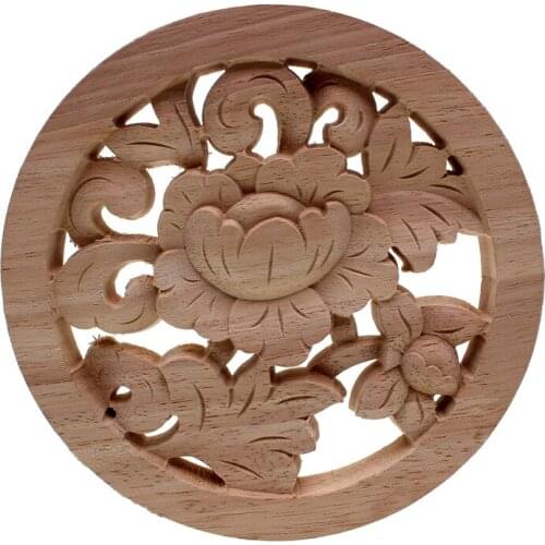 DIY Round European Woodcarving Decal Home Decorative Wood Appliques Carved Applique Window Door Decor Wooden Figurines Crafts