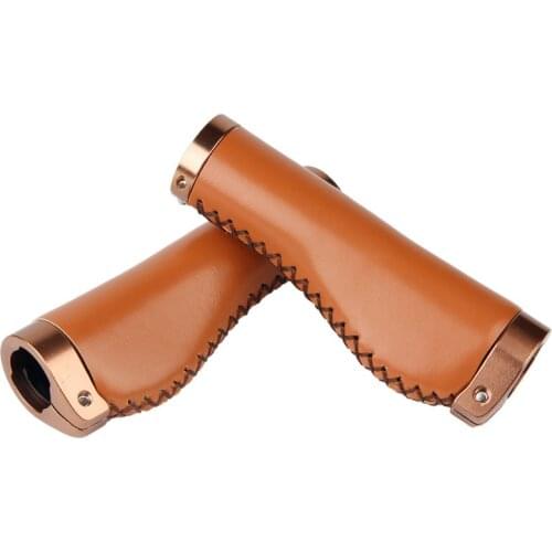 Bicycle Grips Retro Leather Aluminum Alloy Locking Ring 137*22.2mm Hand-made MTB Road Bike Grip Handlebar Cover Cycling Parts
