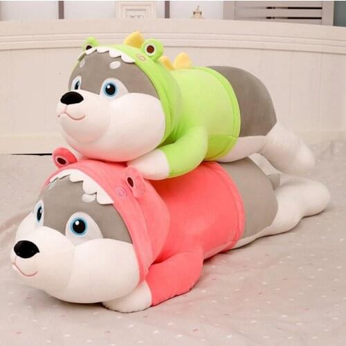 65cm-120cm Funny Husky Cosplay Frog Stuffed Doll Soft Husky Lying Plush Toy Grey Dog Animals Kids Birthday Gift For Girlfriend