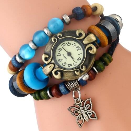 Gnova Platinum Eye Cat Stone Beads Bracelet Women Watch Butterfly Charm PU leather Ethnic Style Quartz Wristwatch A964
