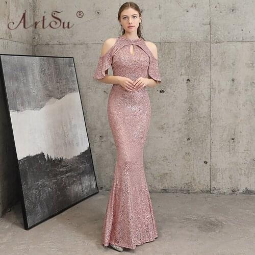 ArtSu 2020 Elegant Women Mermaid Robe De Soiree Red Black Pink Silver Gold Sequin Off Shoulder Maxi Party Dresses Prom Gown