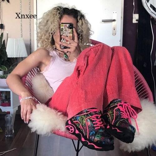 2021 Fall/winter Pink Corduroy Straight Pants Capri Striped Loose High Waist Womens Pants Casual Ladies Pants