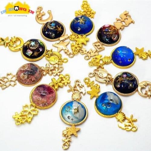 7pcs Double Hanging Sakura Snowflake Charms Moon Cat Open Bezels Gold Metal DIY Accessories UV Resin Jewelry Pendant Craft