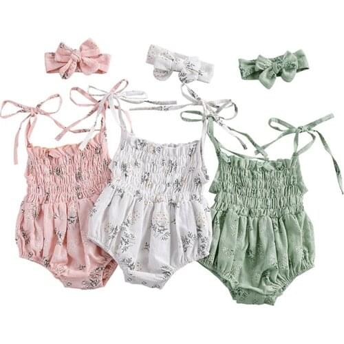 0-18M Baby Girls Summer Outfits Toddler Infant Floral Printed Tied Spaghetti Strap Romper + Bowknot Headband for Toddler Girls