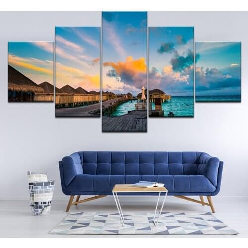 Canvas Painting Seaside Chalet blue sea ocean 5 Pieces Wall Art Painting Modular Wallpapers Poster Print Home Decor