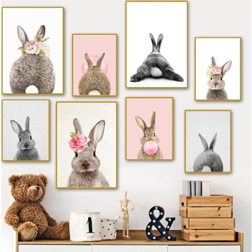 Bunny Rabbit Tail Canvas Painting Nursery Wall Art Animal Poster and Print Nordic Woodland Picture for Baby Kids Room Home Decor