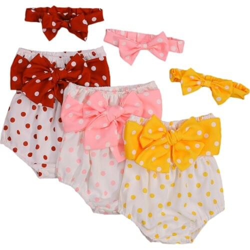 Newborn Baby Girls Cute Bowknot Polka Dot Romper Headband Outfits Set 0-18M Cotton Jumpsuit Summer Off Shoulder Clothes 2pcs