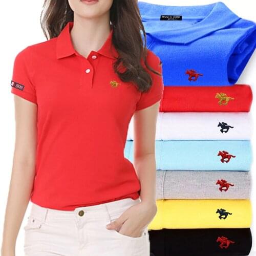 Summer New Style Womens Horse Logo Short Sleeve Casual Shirt Lapel Polo Shirt 100% Cotton Fashion Slim Sportswear Top T-Shirt
