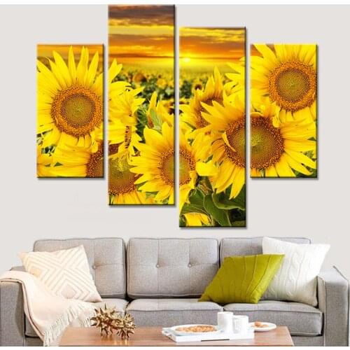 Modular HD Printed Canvas Poster Living Room Wall 4 Panel Sunflower Sunrise Landscape Art Painting Frame Home Decor Pictures