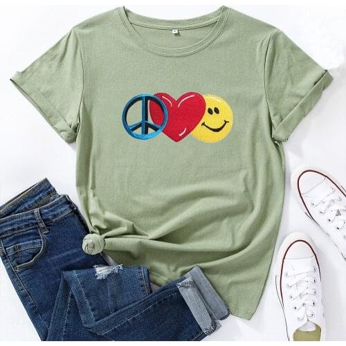 New LOVE Smiley White T Shirt Women Summer Flower Short Sleeve Lady Tops Tshirt Ladies Womens Graphic Female Tee T-Shirt