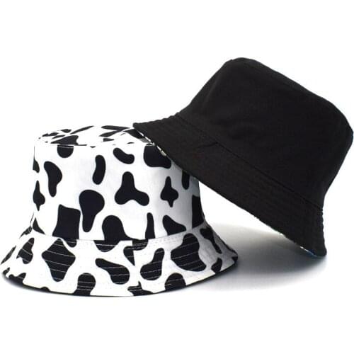New Fashion Reversible Black White Cow Pattern Bucket Hats Fisherman Caps For Women Gorras Summer
