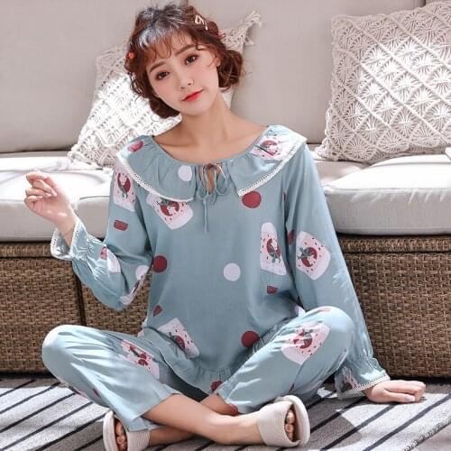 Pajamas Women Cotton Long-Sleeved Suit Spring And Summer Nighties Ins Korean Sweet And Cute Artificial Cotton Sleepwear Пижам