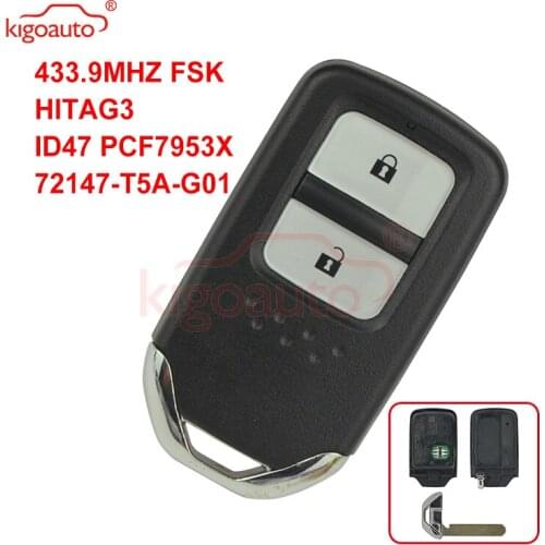 Kigoauto Smart key 2 button 433.9MHZ FSK HITAG-3 ID47 PCF7953X 72147-T5A-G01 for Honda CRV Crosstour Jade keyless remote