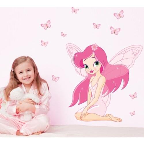 Cartoon Angel Girl Wall Stickers Pink Wing Butterfly Baby Princess Bedroom Decoration Vinyl PVC Removable Wallpaper