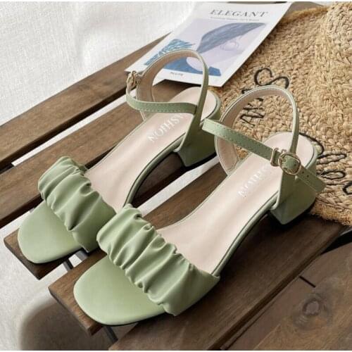 Pleated Sandals Women High Heels Pumps Chunky Heel Womens Banquet Shoes Waterproof Platform Toe Sandals Green Size 40 AC891