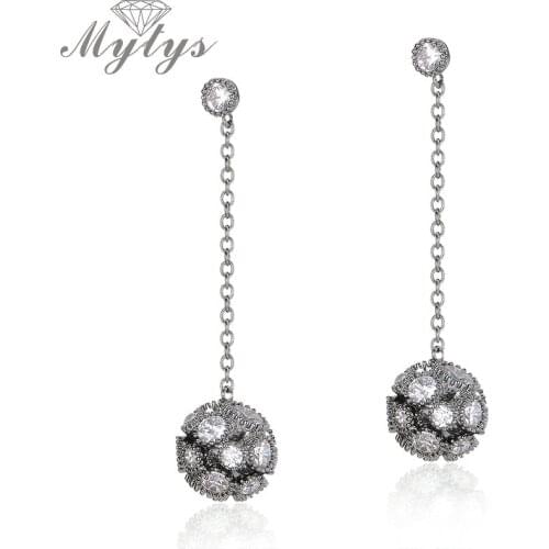 Mytys Link Chain Dangle Dandelion Design Crystal Ball Earring Retro Vintage Grey Color Drop Earrings for Women CE326