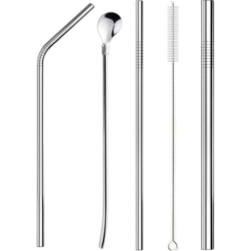 5Pcs/Set Reusable Metal Drinking Straws 304 Stainless Steel Straw Sturdy Bent Straight Straw with Cleaning Brush Bar Party Acce