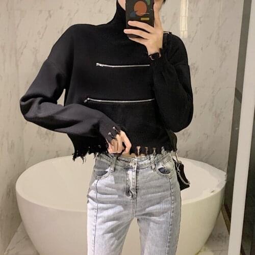Spring Autumn Korean Chic Lady Short Sweater Women Zipper Turtleneck Pullovers Knitted tassel Sweaters pull femme sueter mujer