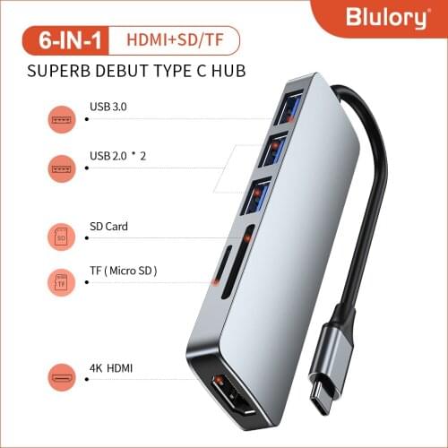 USB 3.1 Type-C Hub To HDMI Adapter 4K Thunderbolt 3 USB C Hub with Hub 3.0 TF SD Reader Slot PD for MacBook Pro/Air/Huawei Mate