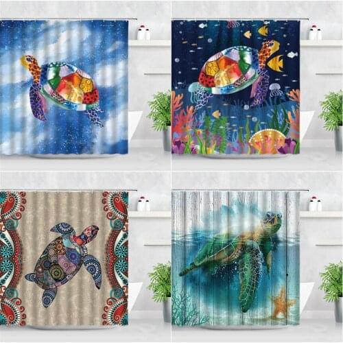 Cartoon Shower Curtain Colorful Sea Turtle Water Color Art Creative Modern Child Bathroom Decor Waterproof Fabric Bath Curtains